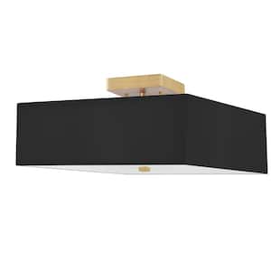 Seren 14.25-in. 3-Light Aged Brass Semi-Flush Mount with Black Square Drum Shade