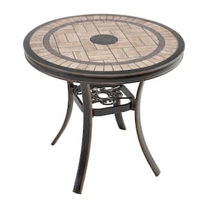 Patio Bronze Aluminum Outdoor Dining Round Tile-Top Table without Umbrella Hole