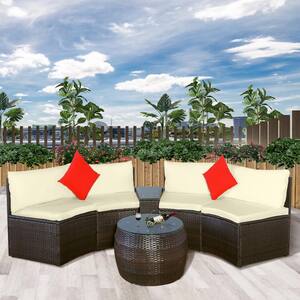 4-Piece Wicker Patio Conversation Patio Conversation Set with Beige Cushions and Pillows
