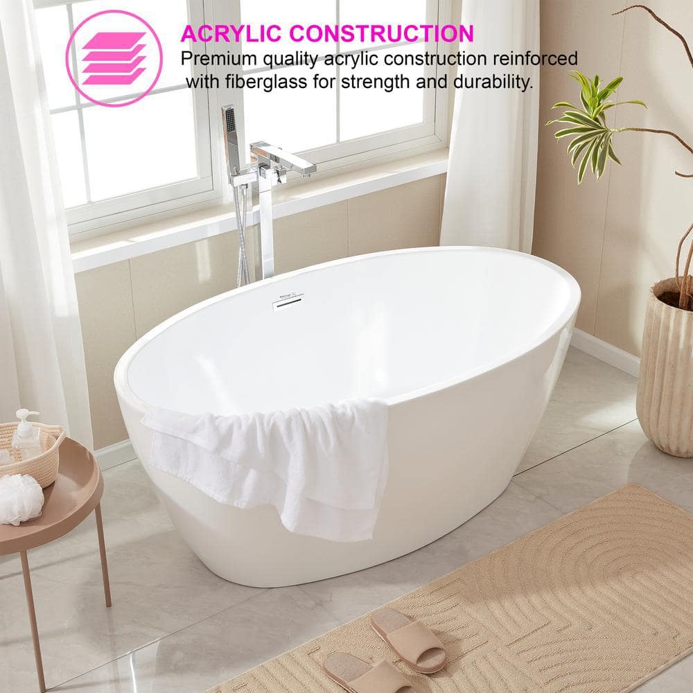 White Acrylic Freestanding Soaking Bathtub with Chrome Drain