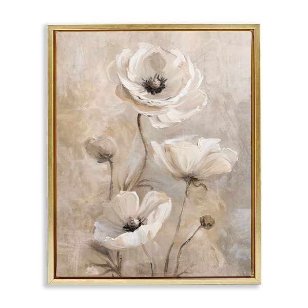 Natural Beige Poppies by Nina Blue Gold Floater Frame Nature Graphic Art Print 31 in. x 25 in.