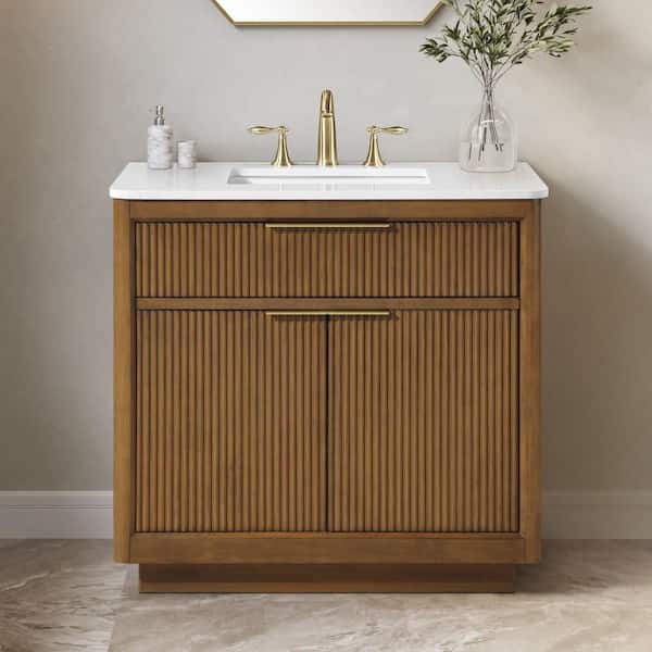 Xander 36 in. Single Sink Freestanding Warm Walnut Bath Vanity with White Engineered Stone Top