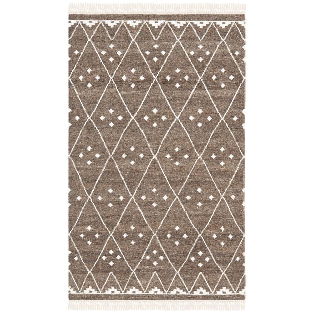 Ivory and Brown Hand-Woven Wool Kilim Rug 4' x 6'