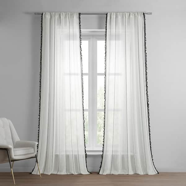 Exclusive Fabrics & Furnishings Campane Black White Patterned Linen Sheer Rod Pocket Curtain - 50 in. W x 108 in. L (1 Panel)
