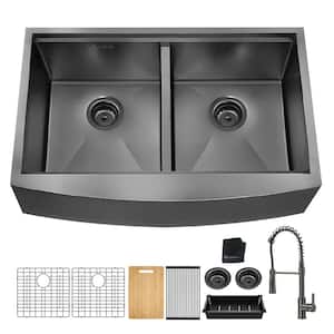 Black Stainless Steel 33 in. 18-Gauge Double Bowl Farmhouse Kitchen Sink with Spring Neck Faucet
