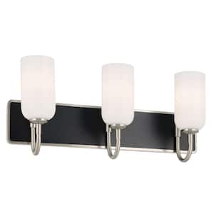 Solia 24 in. 3-Light Brushed Nickel with Black Modern Bathroom Vanity Light with Opal Glass Shades