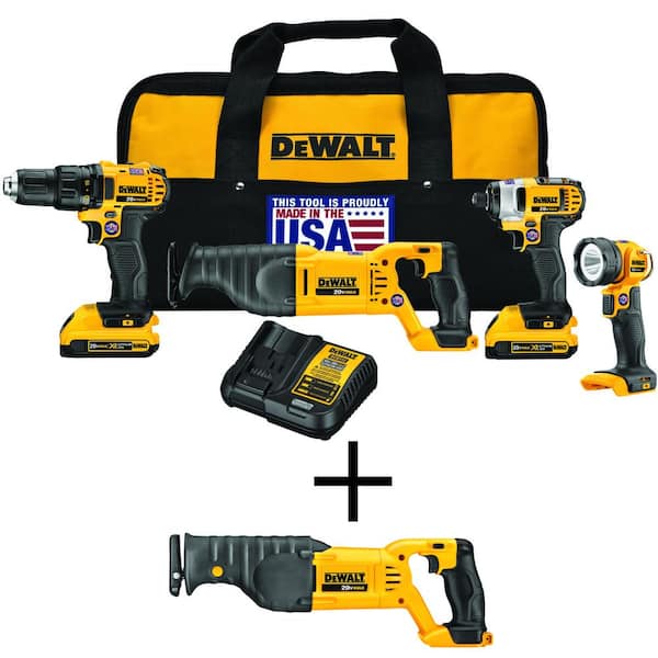 DEWALT 20V MAX Cordless 4 Tool Combo Kit, Reciprocating Saw, and (2) 20V 2.0Ah Batteries