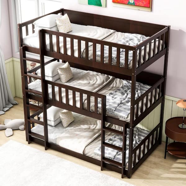 Espresso Brown Triple Twin Size Bunk Bed with Ladders and Detachable Guardrails