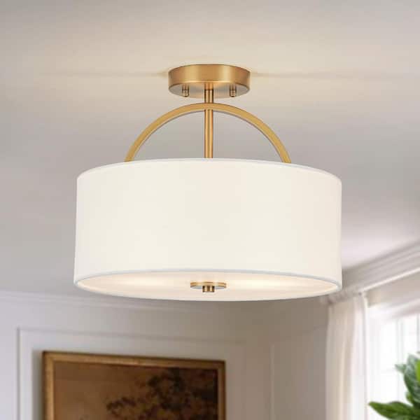 HUOKU Haven 2-Light 15 in. W Brushed Gold Semi-Flush Mount Round Drum with Fabric and Acrylic Diffuser for Kitchen and Hallway