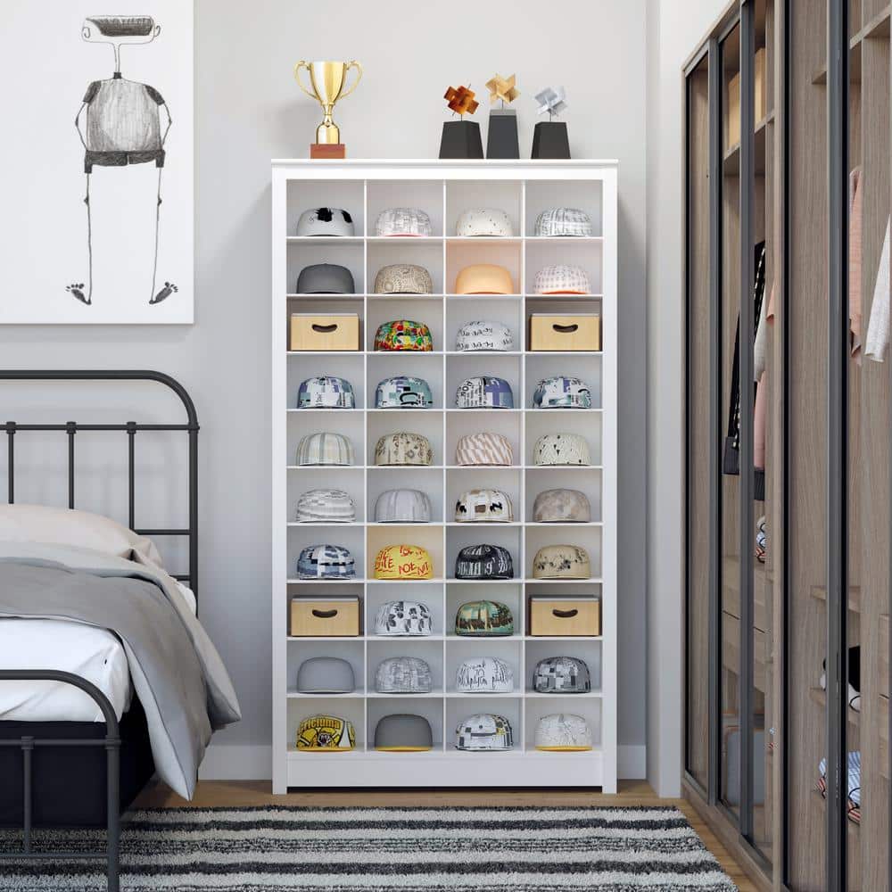 White Tall Wooden Shoe Storage Cabinet with 40 Cubbies