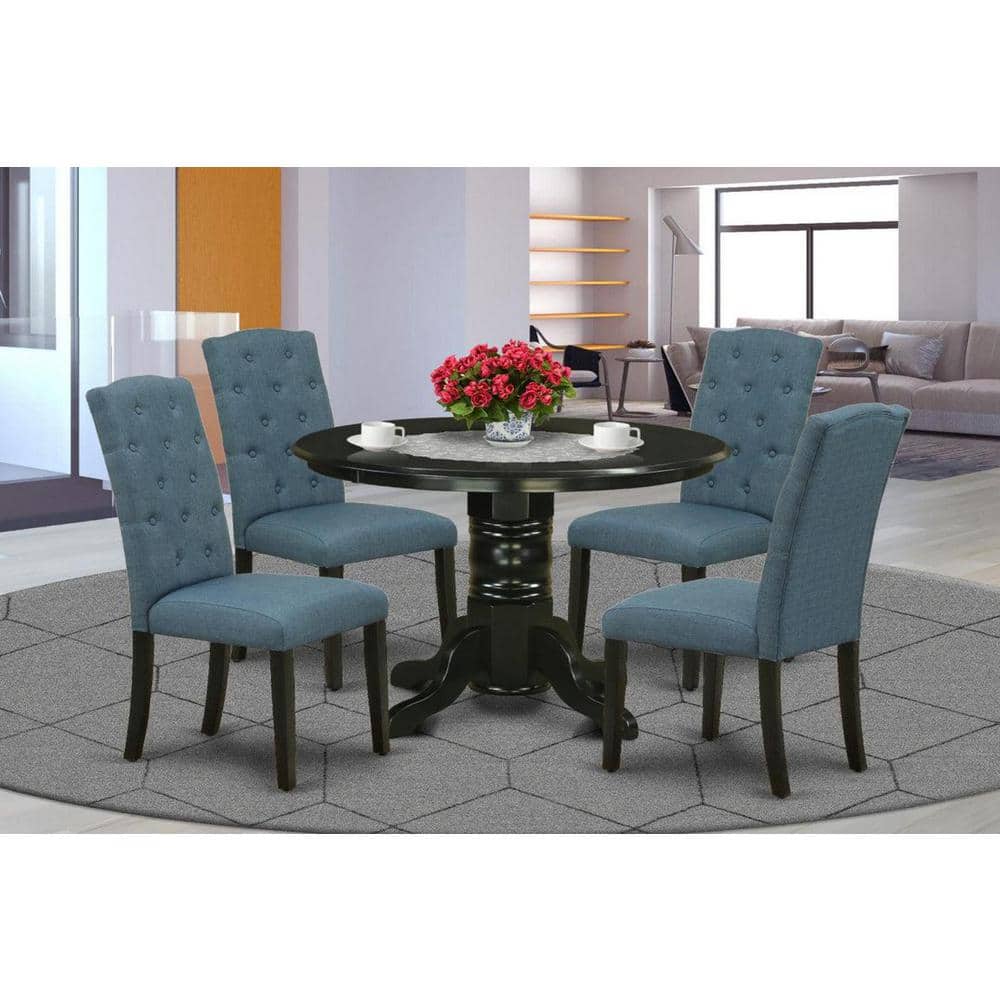 5-Piece Round Black Finish Solid Wood Top Dining Table with 4 Parson Chair with Lattice Back