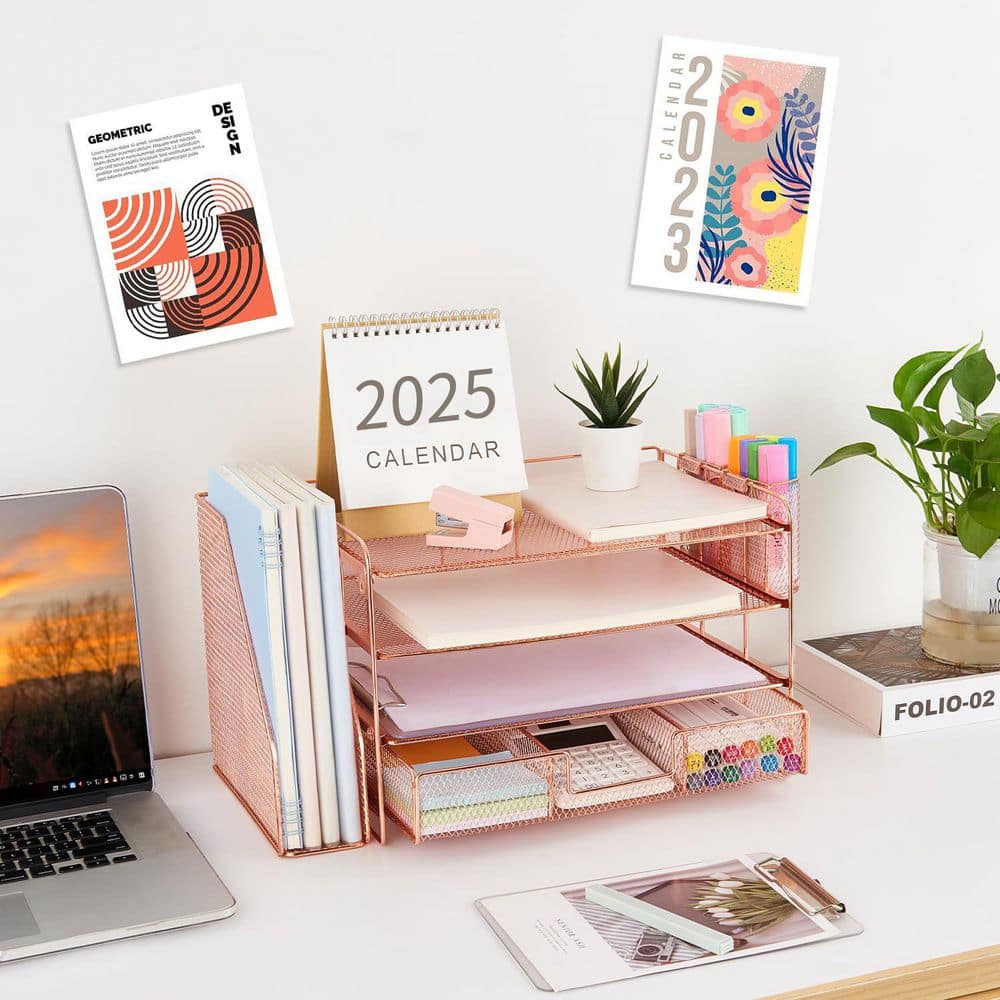 Rose Gold 12.9 in. x 9.2 in. 4-Tier Metal Rectangular Desk Organizers with 