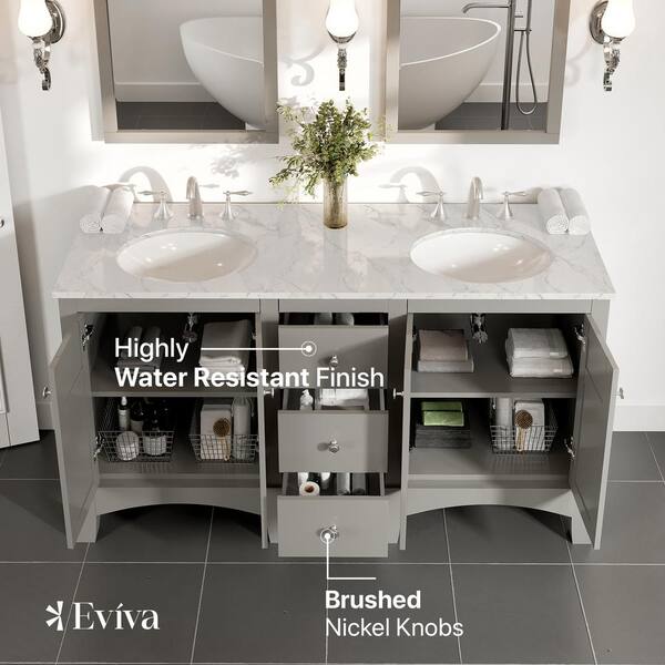 Eviva New York 60 in. W x 22 in. D x 34 in. H Bathroom Vanity in Gray with White Carrara Marble Vanity Top with White Sink