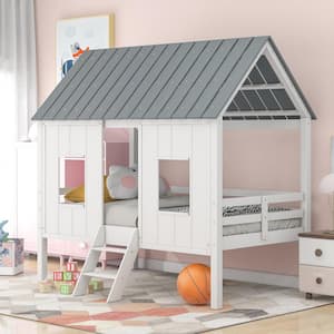 WhiteTwin Size Low Loft House Bed with Roof and Two Front Windows