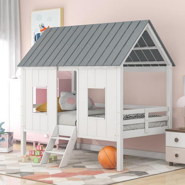 Harper & Bright Designs WhiteTwin Size Low Loft House Bed with Roof and Two Front Windows