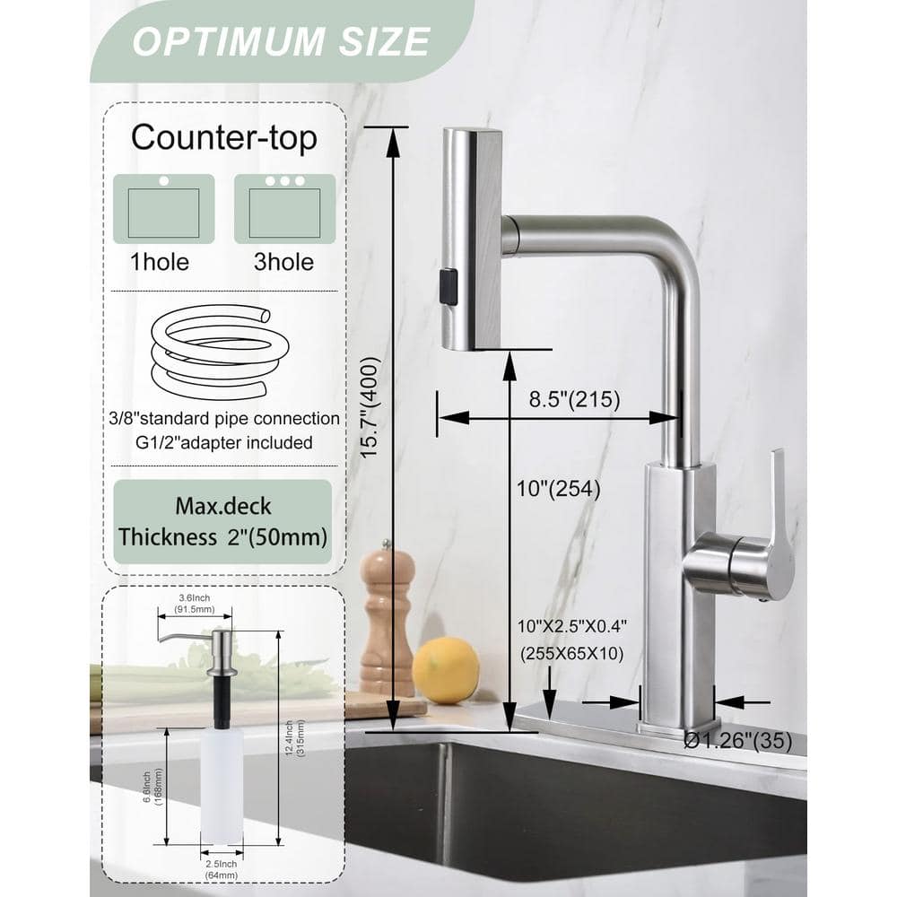 Brushed Nickel Stainless Steel Pull Down Kitchen Faucet with 3-Mode Sprayer