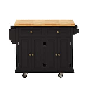 Black Wood 43.31 in. Kitchen Island Cart with 4-Door, 2-Drawers, Spice Rack, 2-Storage Cabinets and Two Locking Wheels