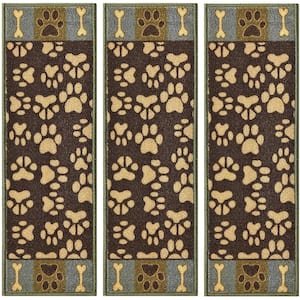 Indoor Pet Paw and Bone Design Green Brown 8-1/2 in. x 26 in. Slip Resistant Backing Stair Tread Cover (Set of 3)