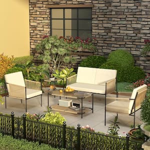 5-Piece Metal Frame Rattan Patio Conversation Chair Set in Beige with Loveseat, 2 Chairs, Glass Coffee Table, Side Table