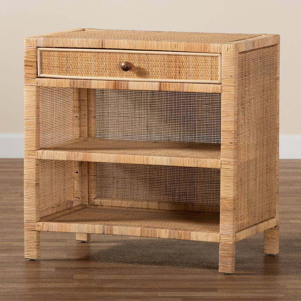 Bella Natural Brown Mahogany Wood and Rattan 1-Drawer Console Table
