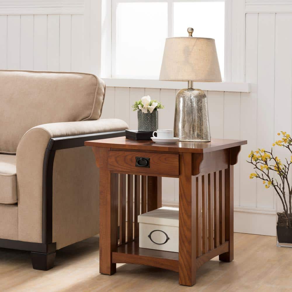 Medium Oak Mission Style End Table with Drawer and Shelf