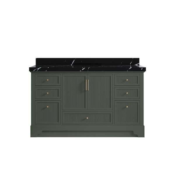Willow Collections Alys 60 in. W x 22 in. D x 36 in. H Single Sink Bath Vanity in Pewter Green with 2 in. Calacatta Black Qt. Top
