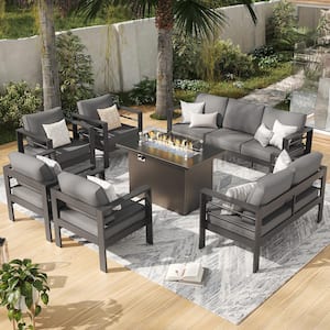 7-Piece Charcoal Gray Aluminum Patio Conversation Set with Gray Cushions and Fire Pit