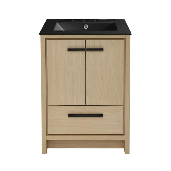Swiss Madison Virage 24 in. Bathroom Vanity in Brown Oak with Black, 3-Hole Ceramic Sink Top