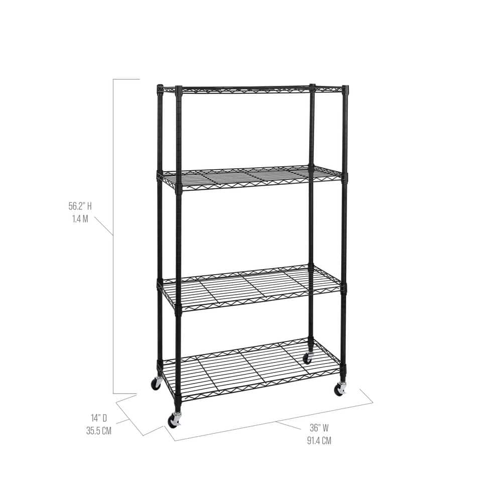 Adjustable Black Steel 4-Tier Wire Shelving Unit with Wheels