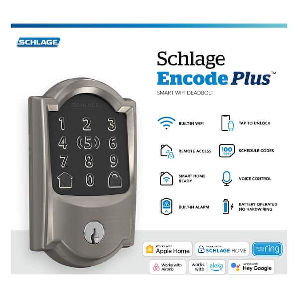 Camelot Satin Nickel Electronic Encode Plus Smart WiFi Deadbolt with Alarm