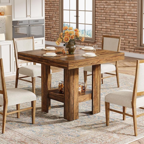Roesler Brown Wood 31 in. 4 Legs Square Dining Table Seats 4 Small Kitchen Table with Shelf Storage Compact Dinner Table