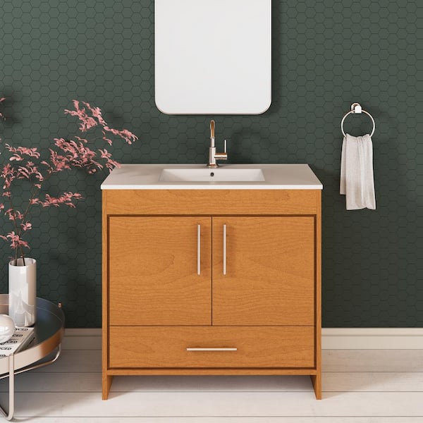 VOLPA USA AMERICAN CRAFTED VANITIES Pacific 36 in. x 18 in. D Bath Vanity in Honey Maple with Ceramic Vanity Top in White with White Basin