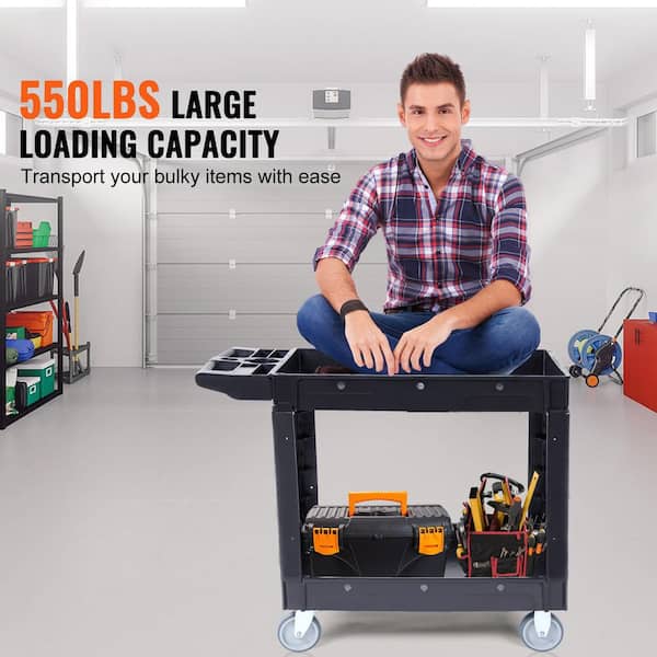 2-Shelf Utility Service Cart 550 lbs. Plastic Rolling Utility Cart with 360° Swivel Wheels and Ergonomic Storage Handle