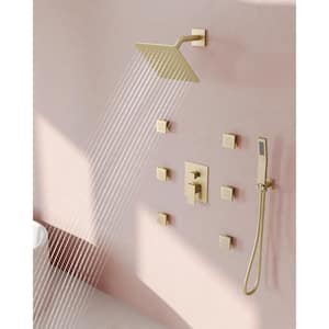 10 in. 3-Spray Square Wall Bar Shower Kit with Hand Shower, 6 Body Jets in Brushed Gold (Valve Included)
