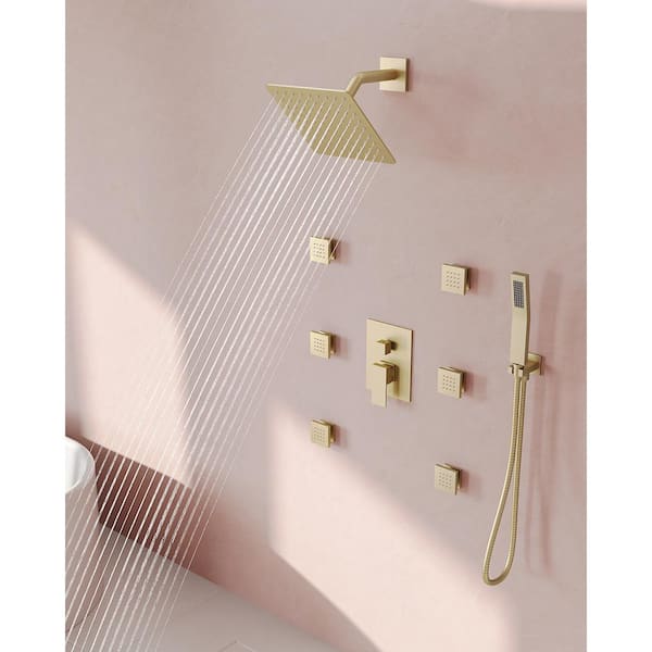 GRANDJOY 10 in. 3-Spray Square Wall Bar Shower Kit with Hand Shower, 6 Body Jets in Brushed Gold (Valve Included)