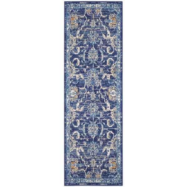 Nourison Grafix Navy 2 ft. x 6 ft. All-over design Transitional Runner ...