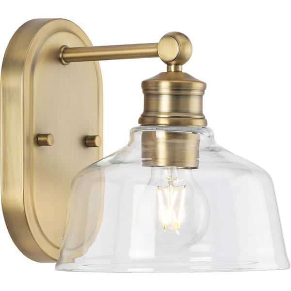 Progress Lighting Singleton 7.62 in. 1-Light Vintage Brass Vanity Light with Clear Glass Shade