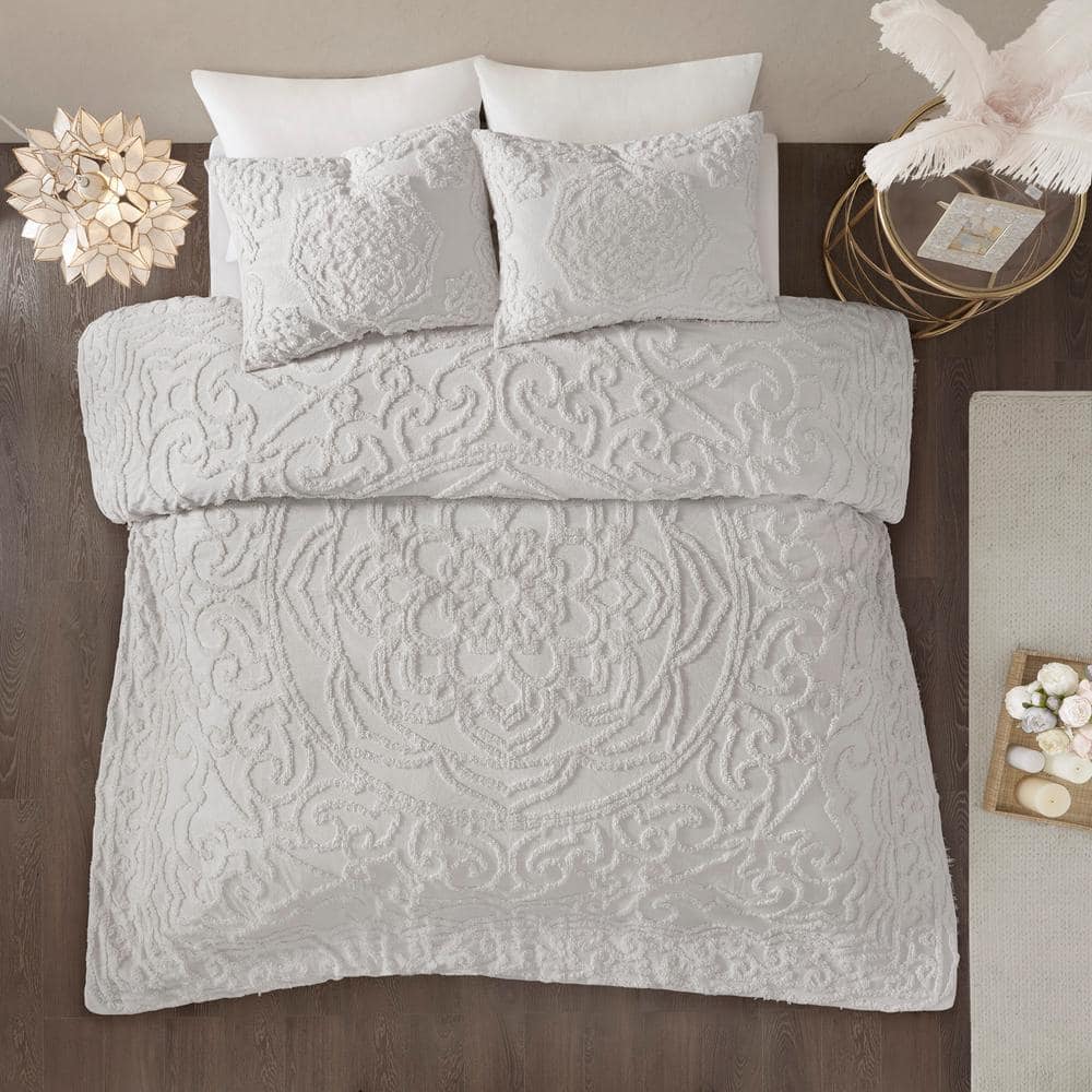 Gray Full Cotton Chenille Medallion Comforter Set