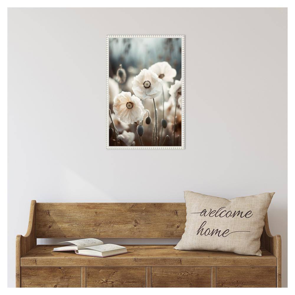White Poppy Field Beaded Framed Canvas Wall Art