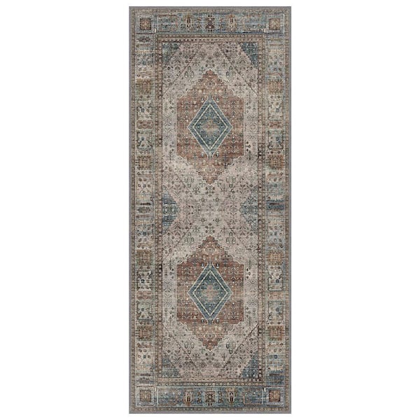 Naiad Machine Washable Blue/Gray 2 ft. x 10 ft. Geometric Border Indoor Area Rug