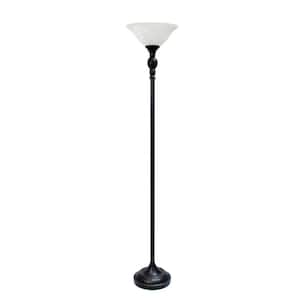 1-Light 71 in. Restoration Bronze Torchiere Floor Lamp with White Marbleized Glass Shade