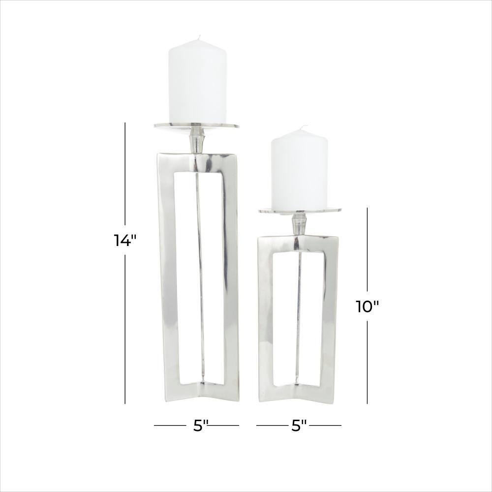 Contemporary Silver Aluminum Geometric Pillar Candle Holders, Set of 2
