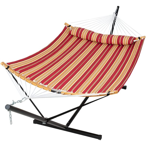 Atesun 12.3 ft. Free Standing, 450 lbs. Capacity, Heavy-Duty 2-Person Hammock with Stand and Detachable Pillow in Red Stripes