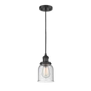Bell 1-Light Matte Black Seedy Shaded Pendant Light with Seedy Glass Shade