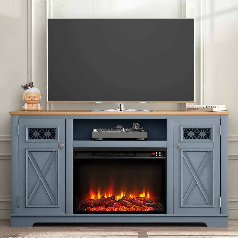 61.5 in. Freestanding Farmhouse Electric Fireplace TV Stand in Dawn Blue