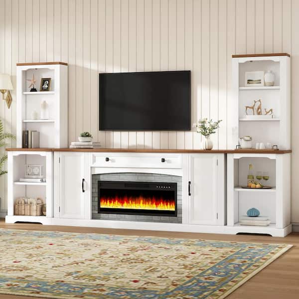 Delvon Rustic 3-Piece White TV Stand Set Entertainment Center Fits TV's up to 70 in. with Mantel and Bookshelves