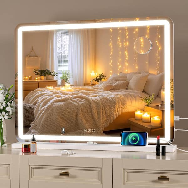 Vosuja 32 in. W x 22 in. H Rectangle Round White Frame Vanity Mirror with Lights, LED Makeup Mirror with Dimmable 3 Modes