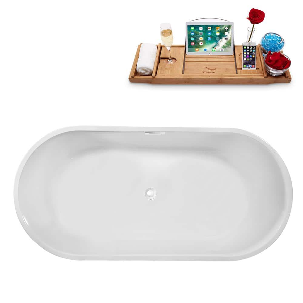 Glossy White Freestanding Acrylic Bathtub with Bamboo Tray