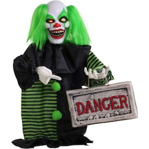 30 in. Talking, Shaking, Mini Animatronic Clown with Light-Up Eyes and Danger Sign for Scary Halloween Decoration