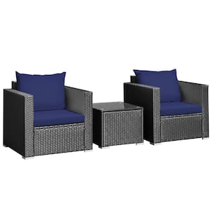 3-Piece Rattan Outdoor Patio Conversation Furniture Set with Navy Cushions